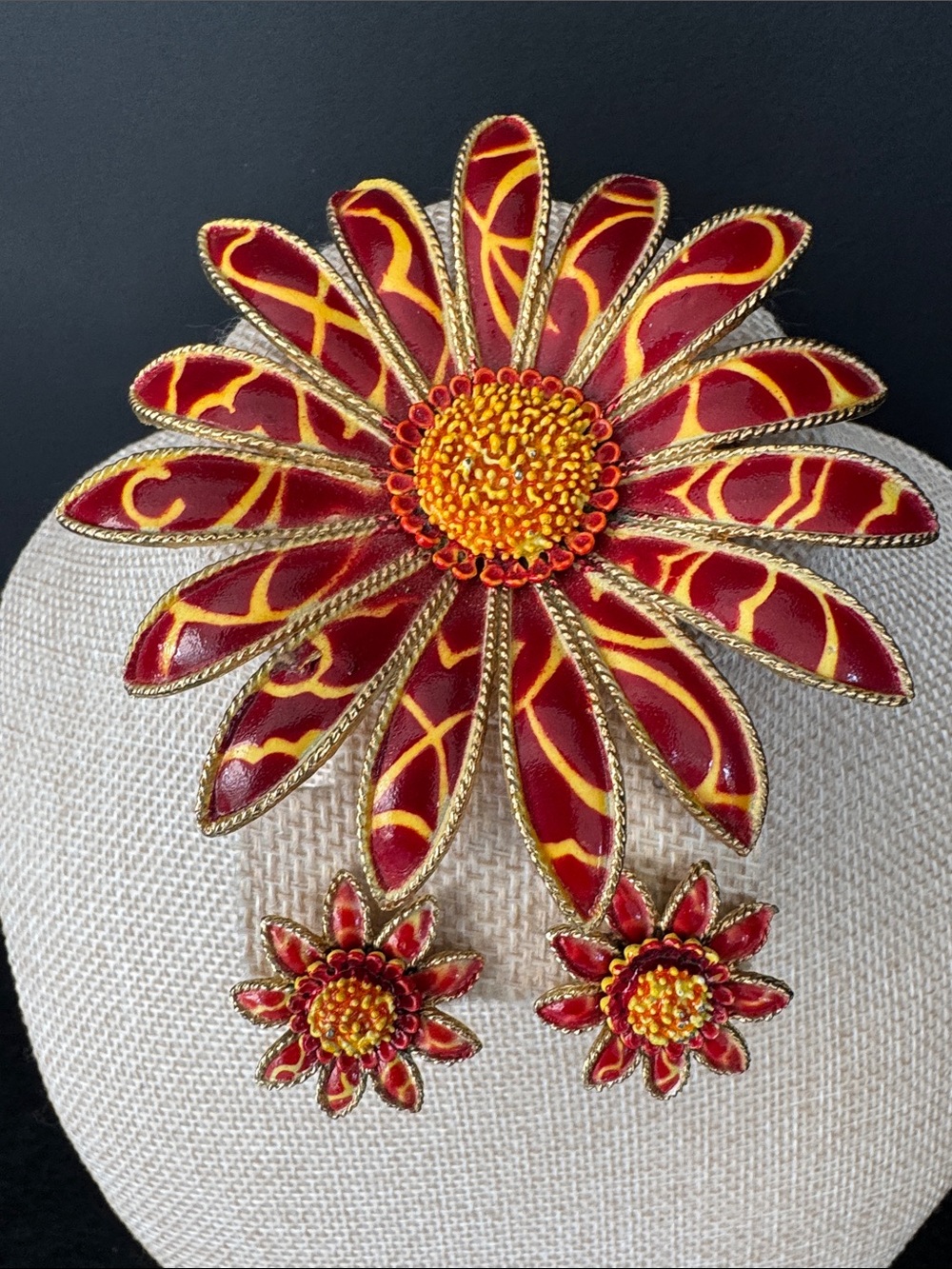 VTG Corocraft Enamel Flower Brooch Pin & Earrings 1960s 1970s Mod Red Yellow